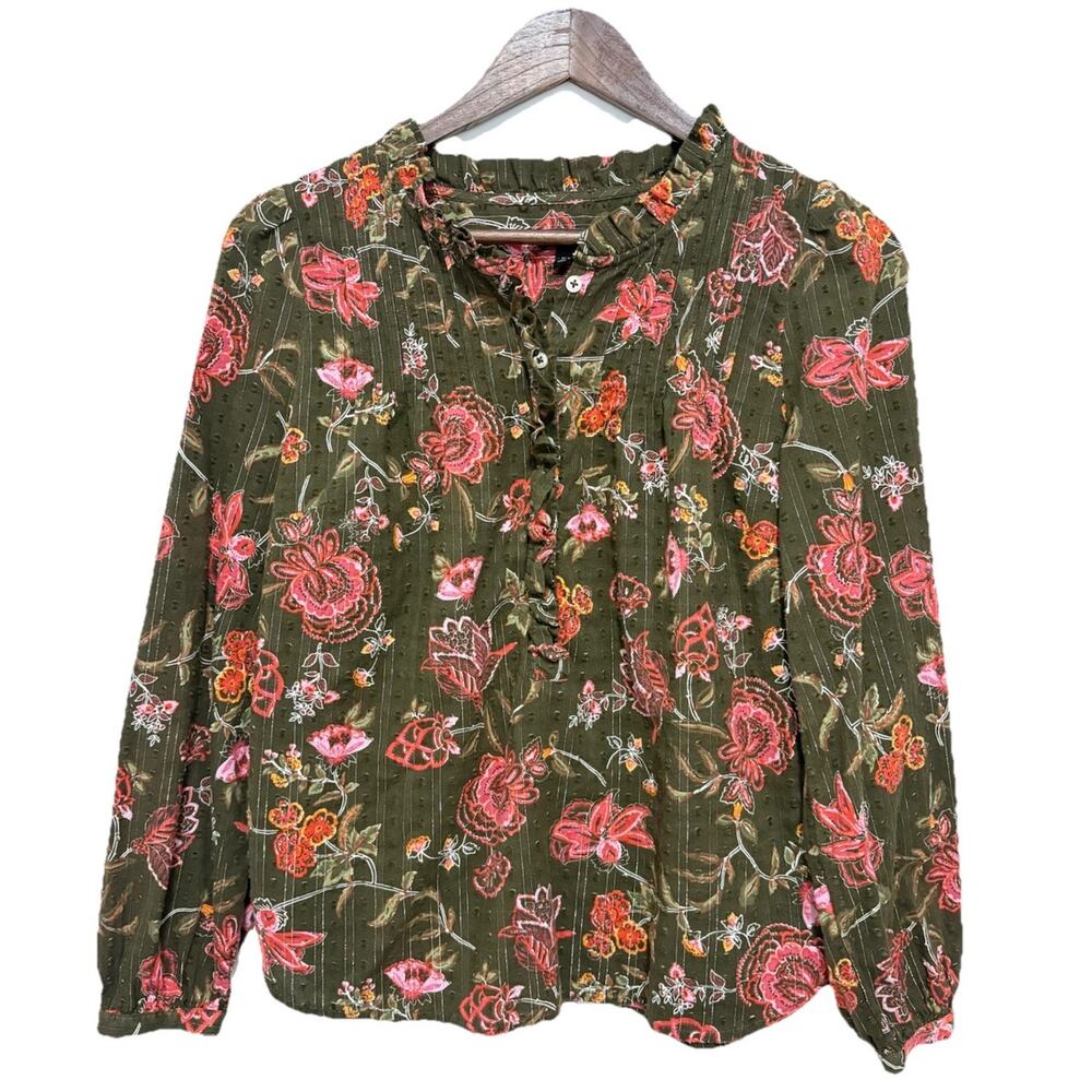 Talbots Petite Floral Blouse SP Olive Green Ruffle Cottagecore Boho